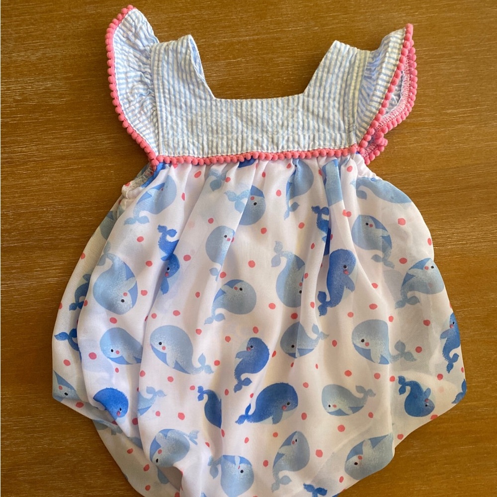 Boutique spring baby romper in blue with whales size 3-6 months